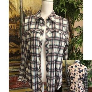 CAbi Festival Plaid Top Floral Back Size Large